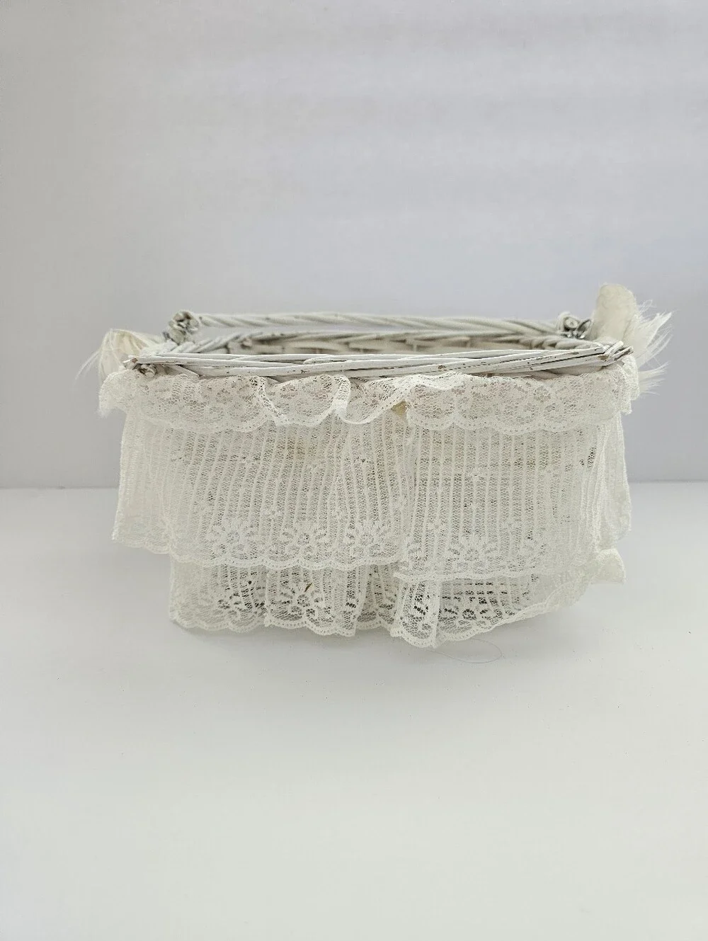 Vintage Shabby Chic Flower Girl Basket Lace Ostrich Feather Cottagecore